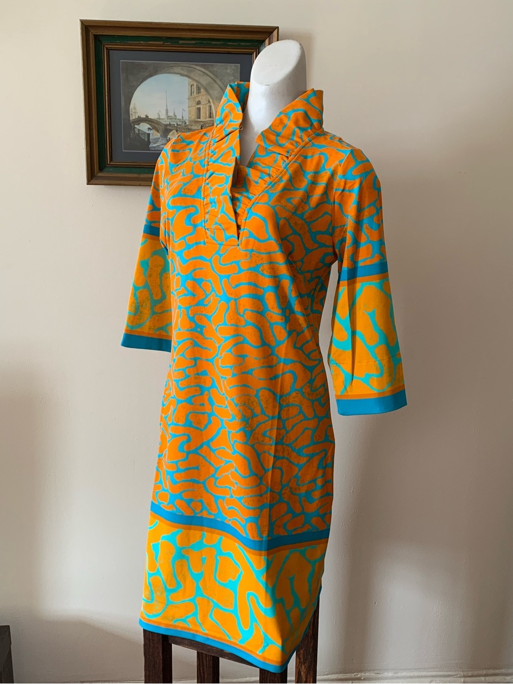 Jean-Pierre Klifa Paris Turquoise & Orange Patterned Shift Dress